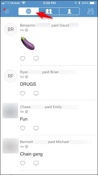 Лента публичных транзакций с именами и комментариями