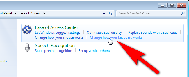 Ссылка Изменение работы клавиатуры в Центре специальных возможностей Windows 7