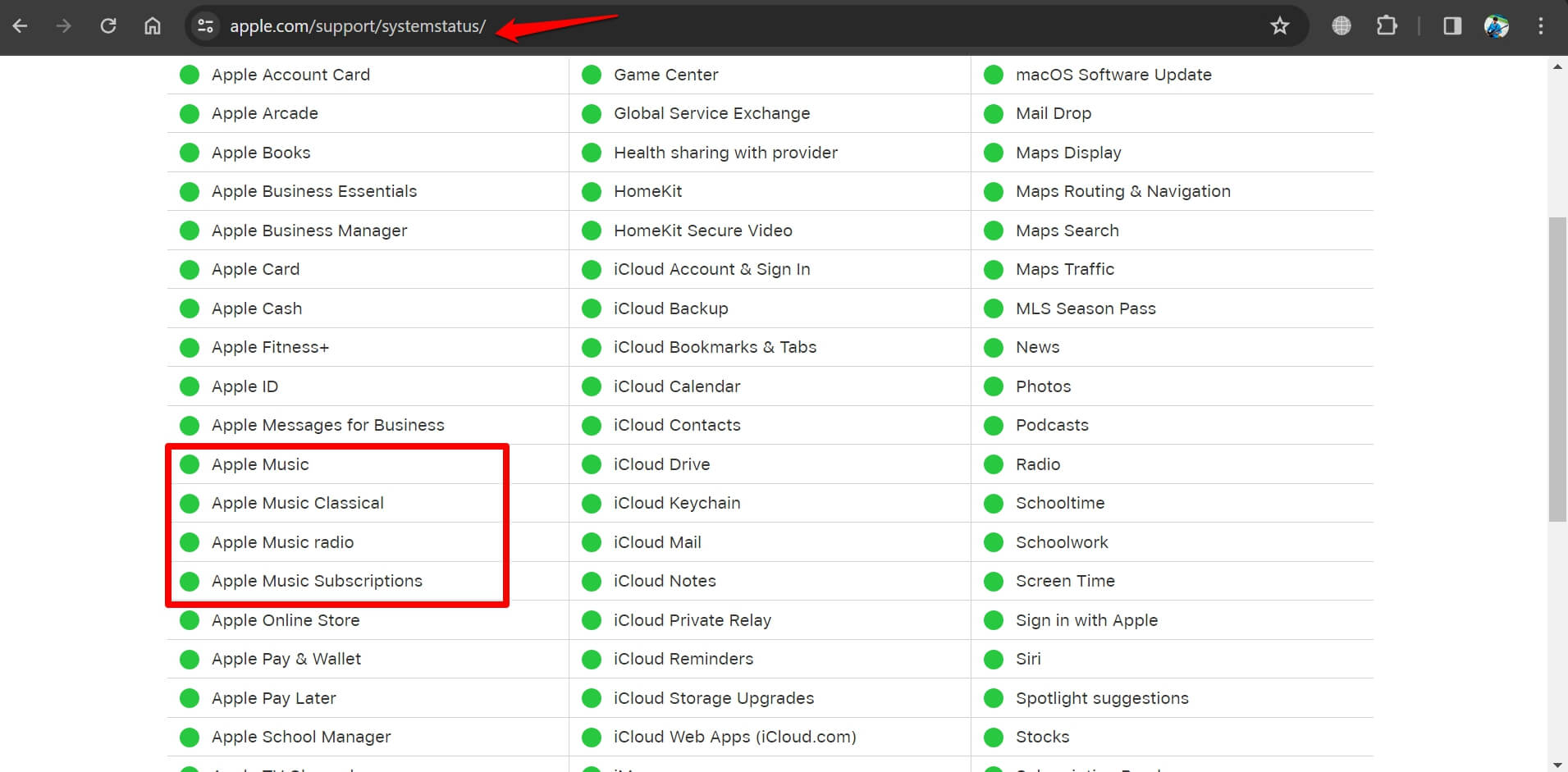 Страница состояния сервисов Apple — Apple System Status