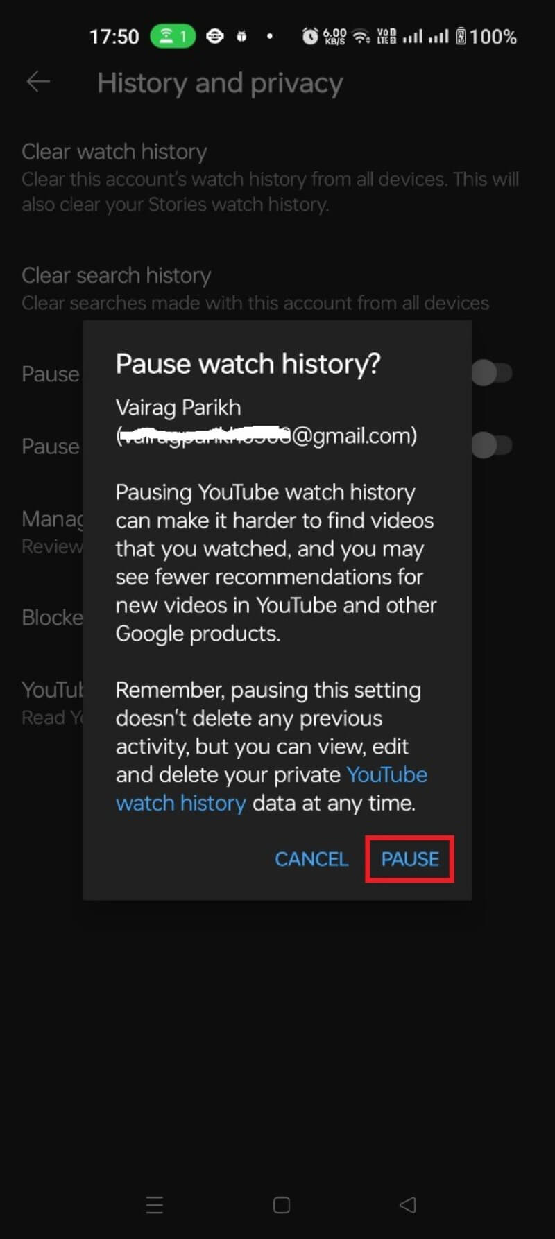 App YouTube Android: histórico pausado