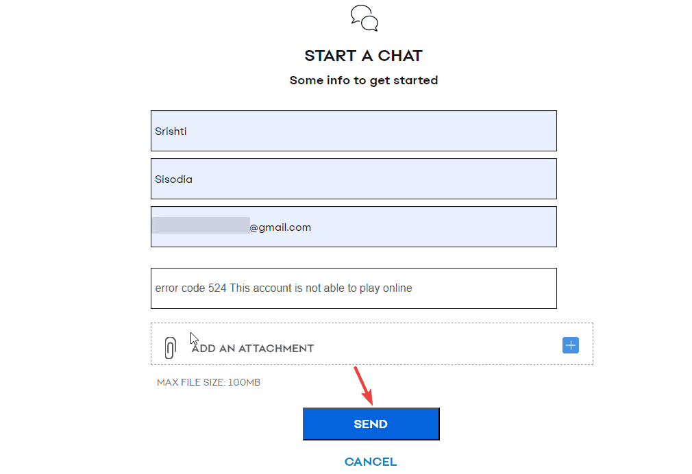 Форма ввода данных для обращения в поддержку EA