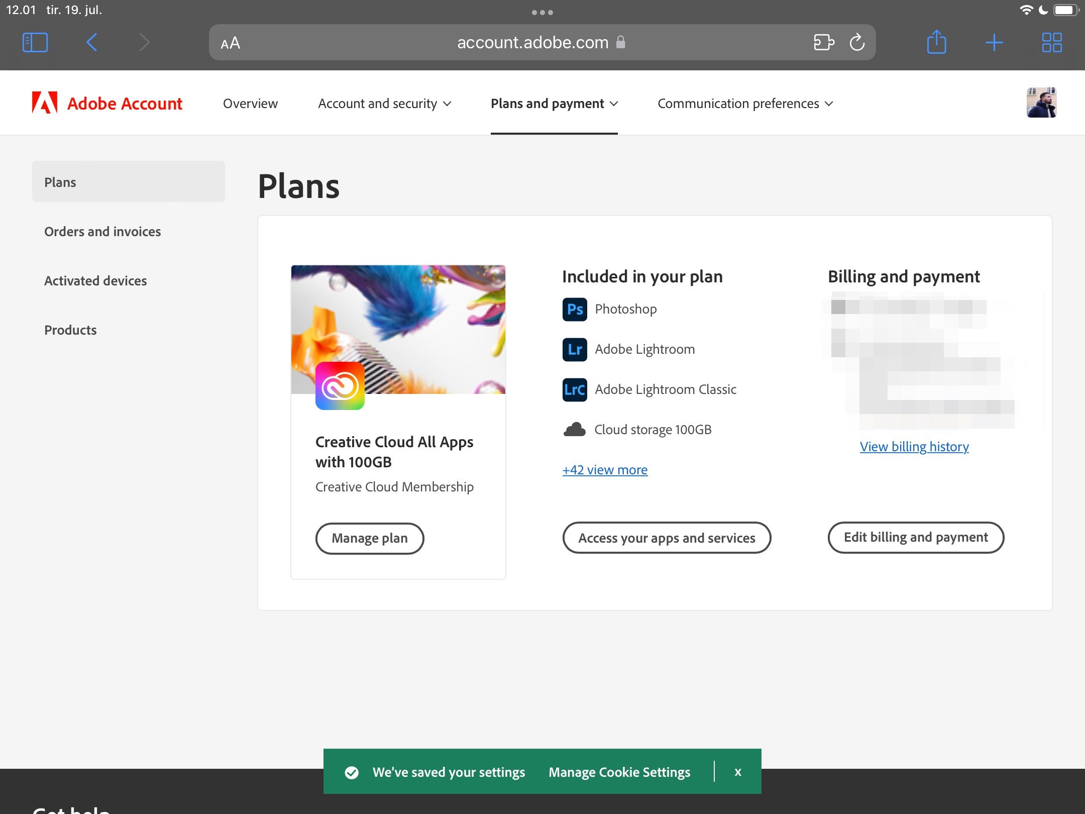 Скриншот: смена плана Adobe на iPad