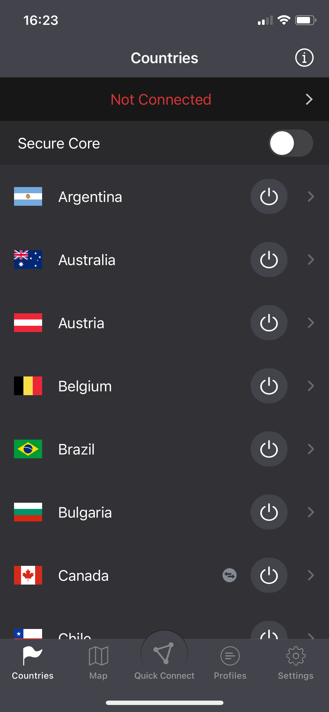 Список стран в мобильном приложении ProtonVPN
