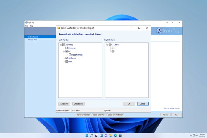 Как исключить папку в SyncToy