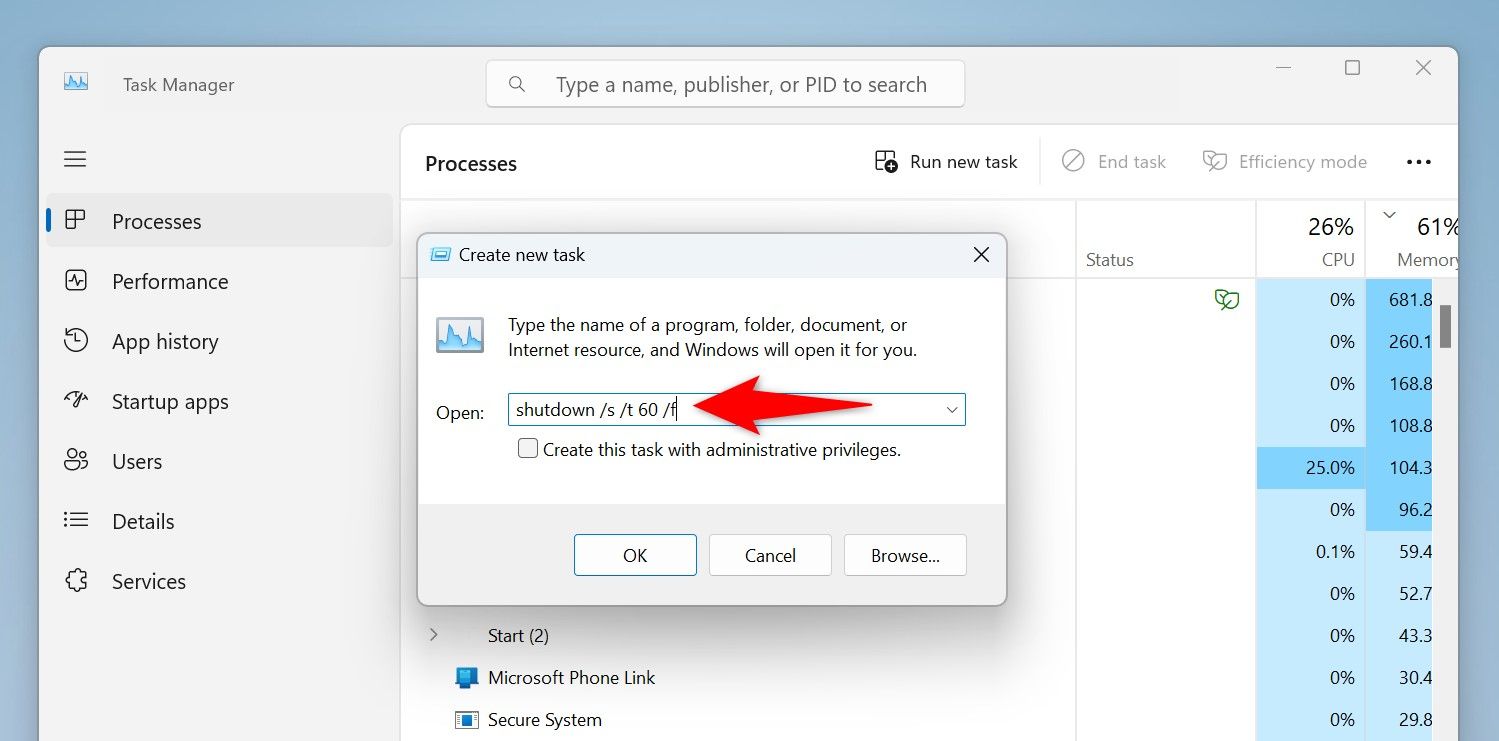 Команда для планирования выключения введена в окне создания новой задачи.