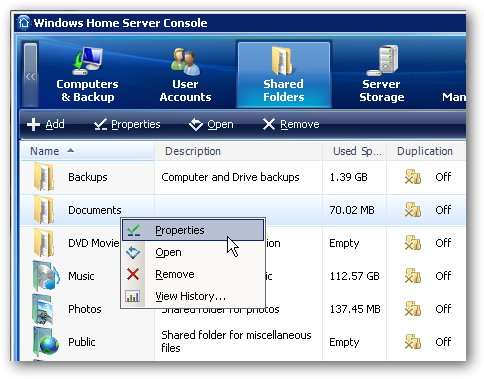 Открытие свойств общей папки