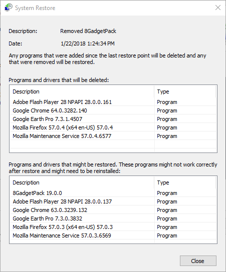 Список программ, затронутых откатом
