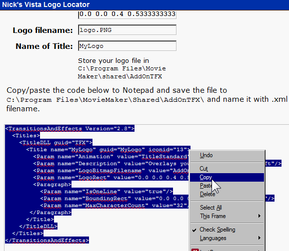 Генерируемый код XML для вставки названия/логотипа в Movie Maker