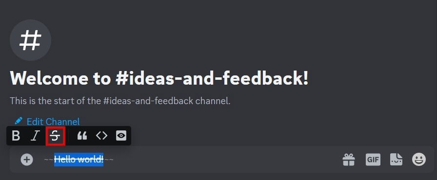 Мини-панель форматирования с опциями редактирования текста в Discord.
