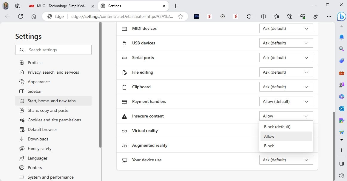 Опция разрешения в Edge