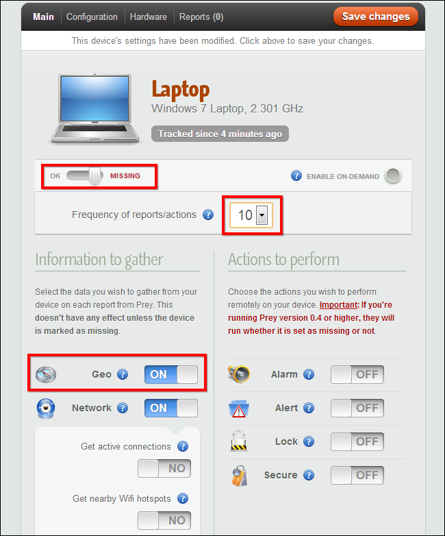 Смена статуса устройства на Missing в панели Prey