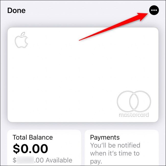 Кнопка меню с тремя точками в Wallet для Apple Card