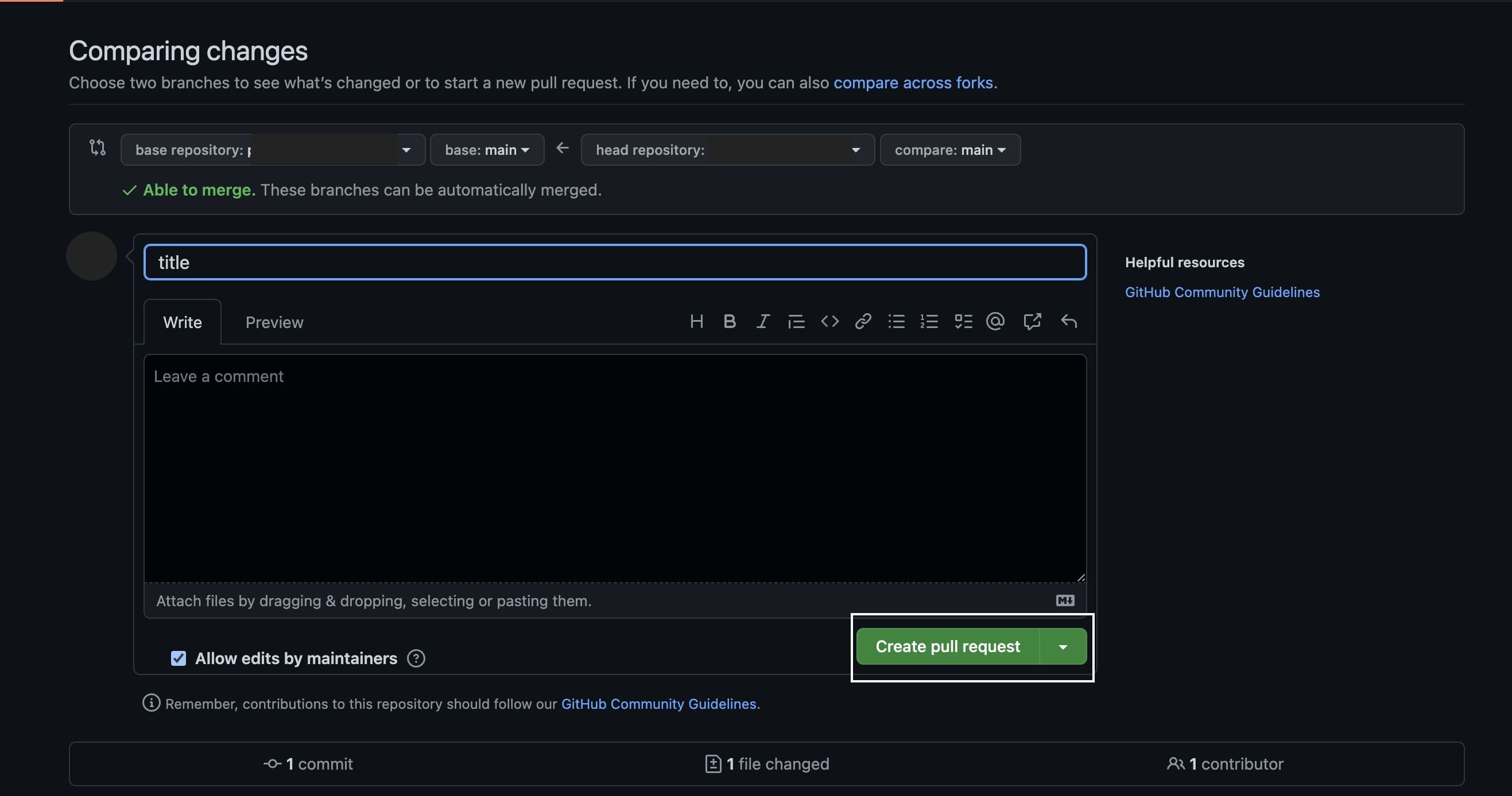 Форма pull request на GitHub с выделенной кнопкой Create