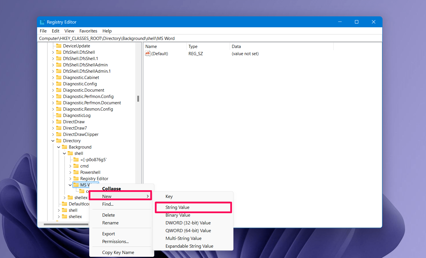 Правый клик по Word и создание строкового значения
