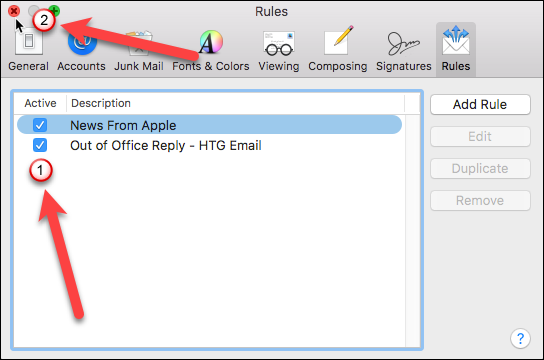 Закрытие окна настройки правил
