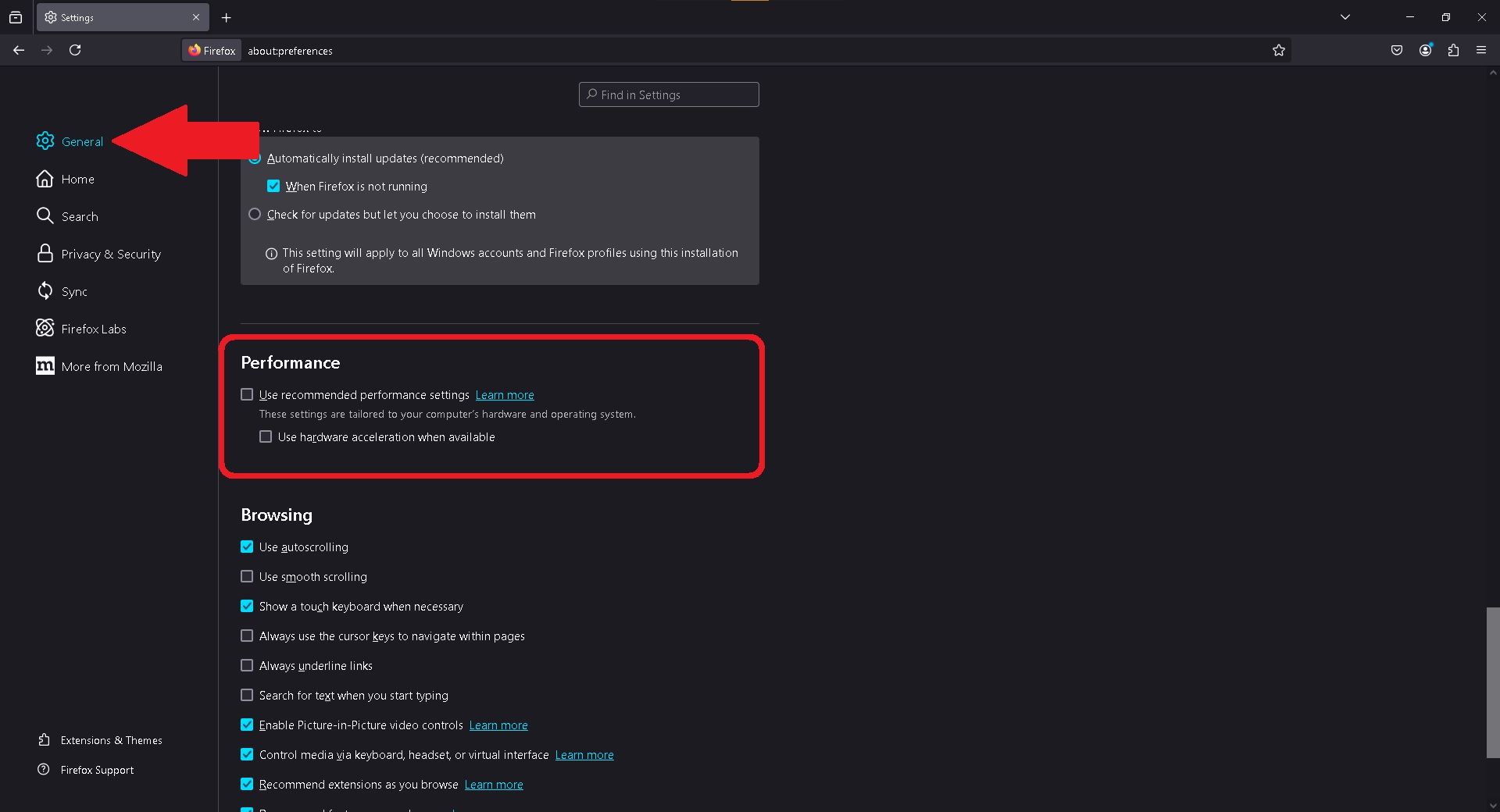 Отключение аппаратного ускорения в Mozilla Firefox через настройки.
