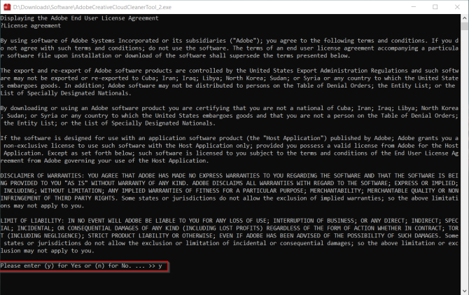Окно Adobe Creative Cloud Cleaner — подтверждение соглашения (y/n)