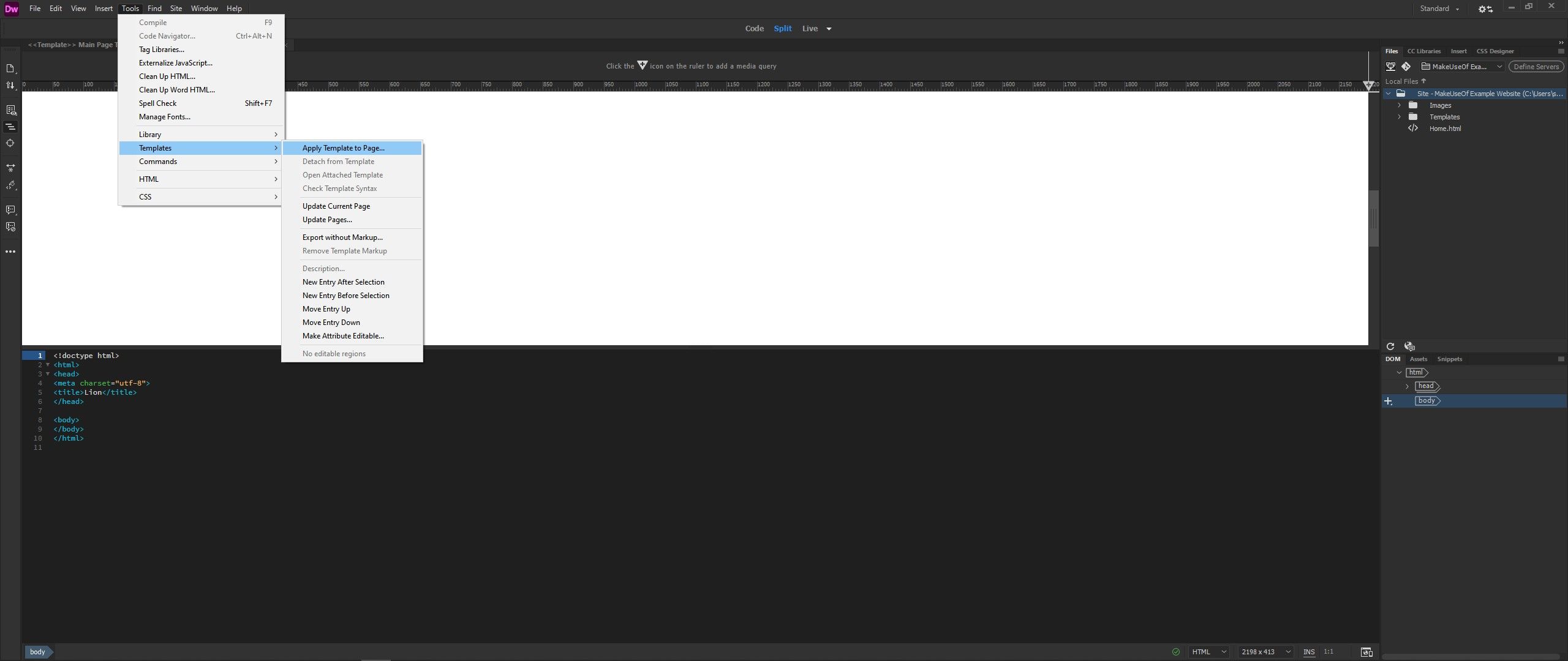 apply dreamweaver template to page