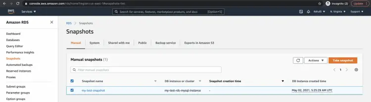Просмотр снапшота в консоли AWS RDS