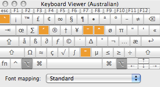 Просмотр сочетаний клавиш с удержанием Option в Keyboard Viewer