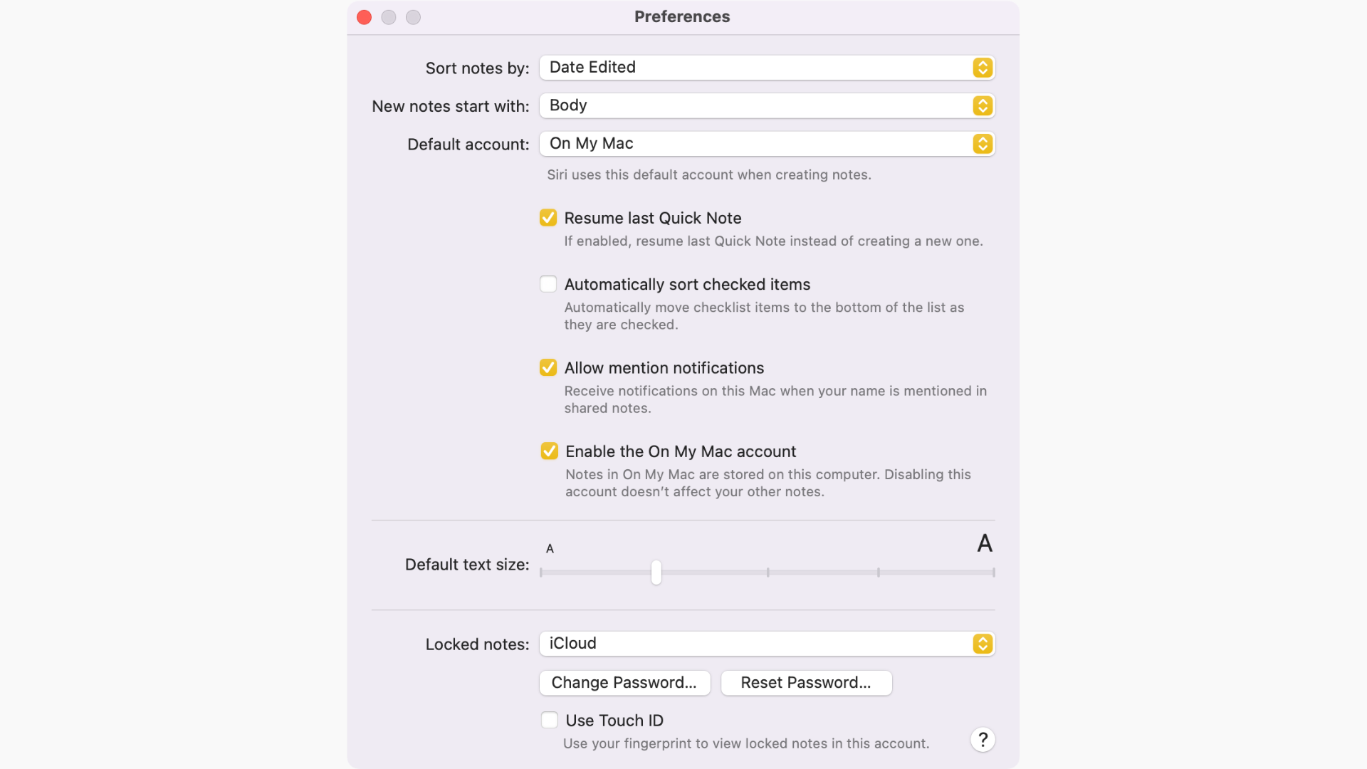 Окно настроек приложения Заметки на Mac