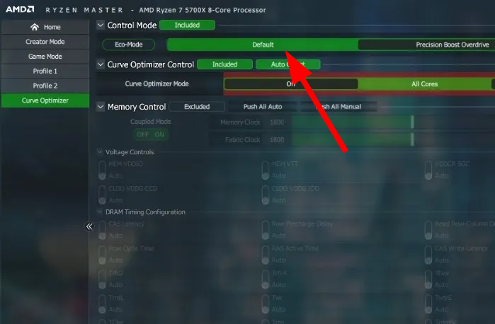 Снимок: Control Mode — Default в Ryzen Master