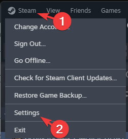 Окно настроек Steam
