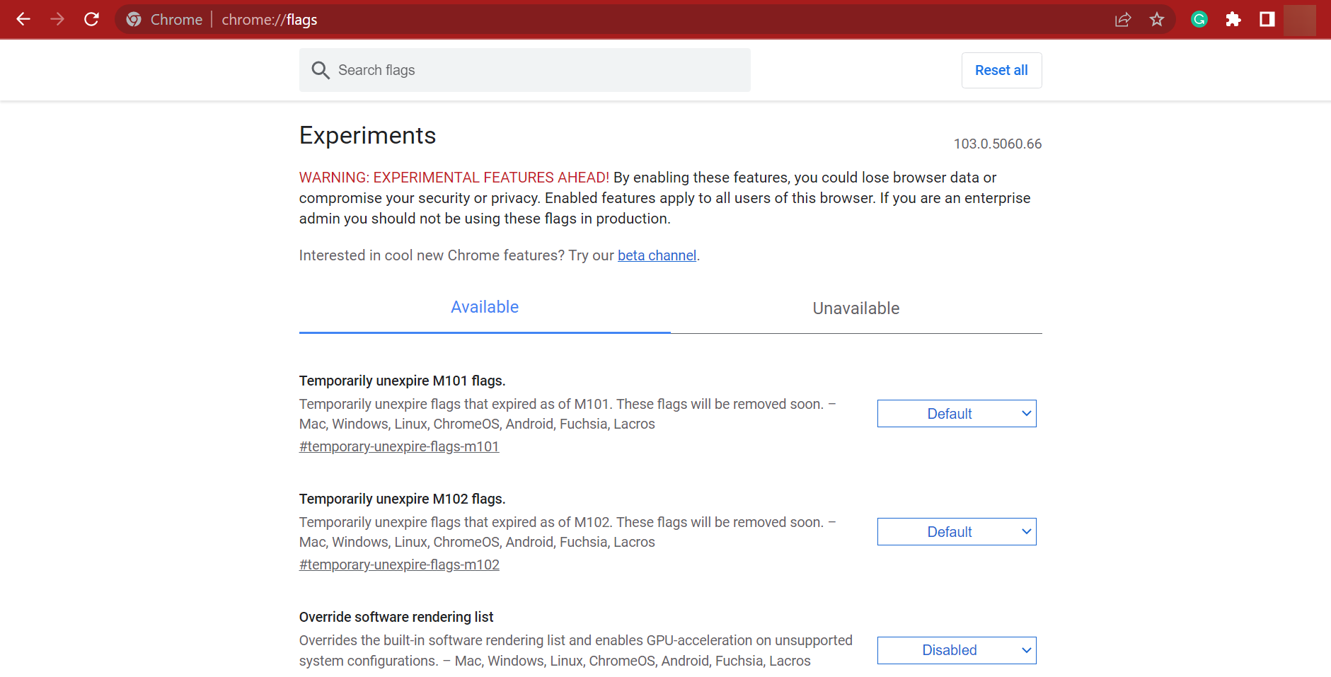 Страница chrome://flags со списком экспериментальных функций