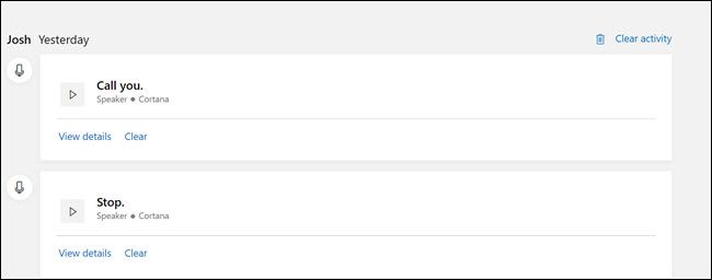 Microsoft Privacy dashboard with Cortana recordings.