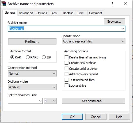 Interfaz de WinRAR mostrando la opción para añadir contraseña