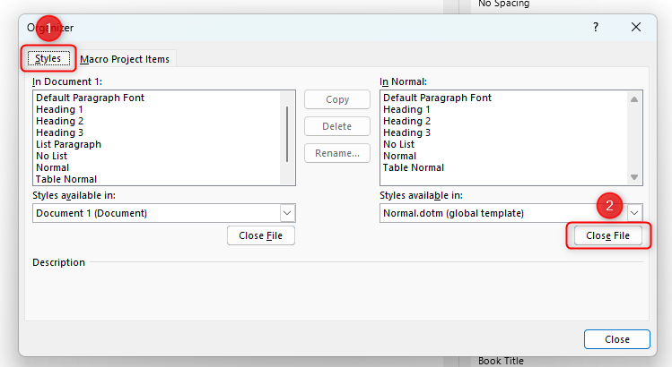 Органайзер стилей, показано как закрыть шаблонный файл справа