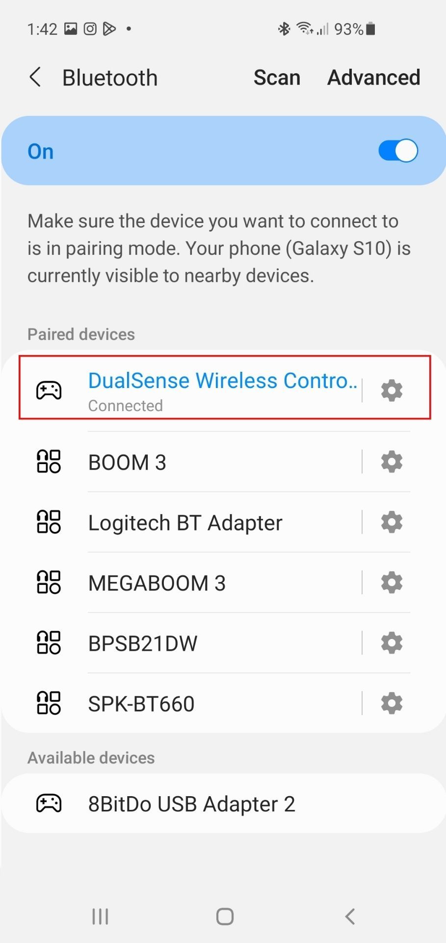 DualSense в списке спаренных устройств Android
