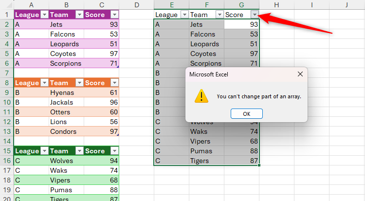 Сообщение Excel о запрете изменения части массива.