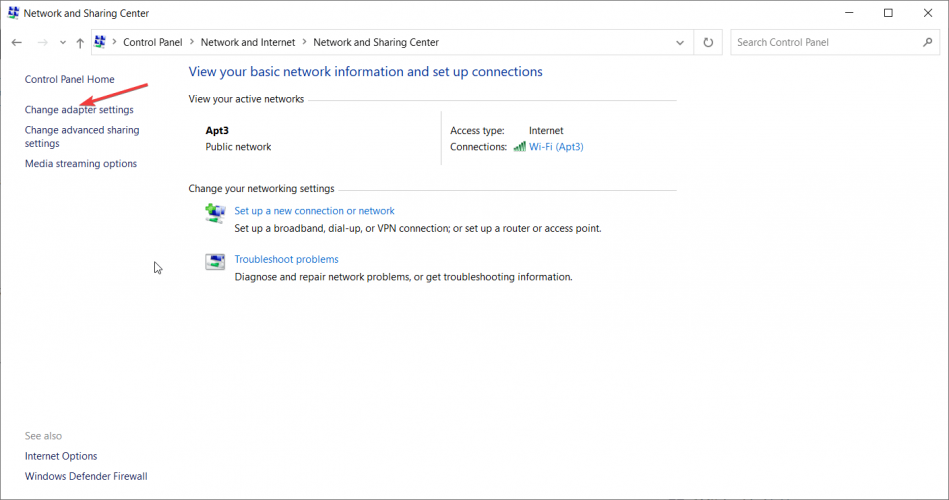 Пункт меню Изменение параметров адаптера