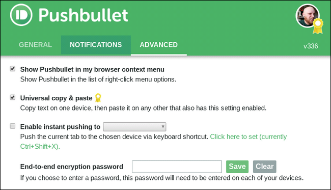 Дополнительные опции Pushbullet