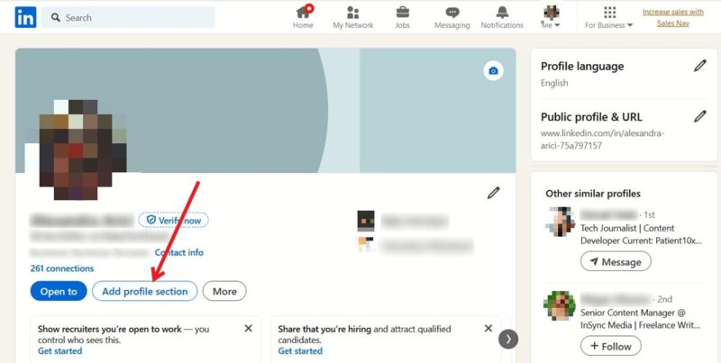 Кнопка добавления раздела профиля в LinkedIn на ПК