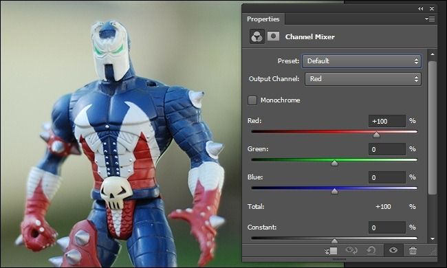 Интерфейс Channel Mixer в Photoshop с настройками для чёрно‑белой конверсии