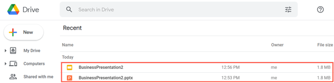 Обе версии файла — исходный PPTX и сконвертированная презентация Google — отображаются в Google Drive.