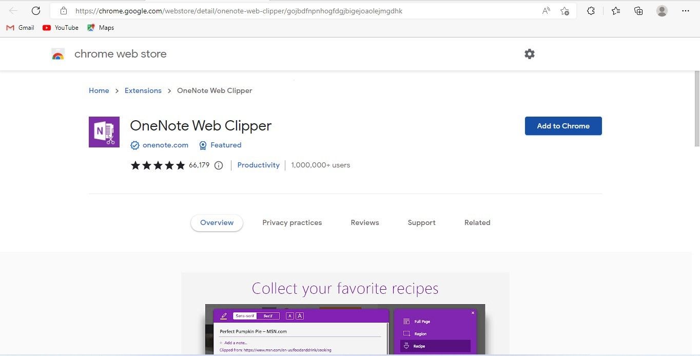Добавление расширения OneNote Web Clipper в Chrome: нажатие кнопки Добавить в Chrome