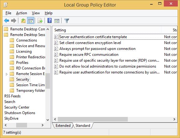 Раздел безопасности служб удалённых столов в групповой политике