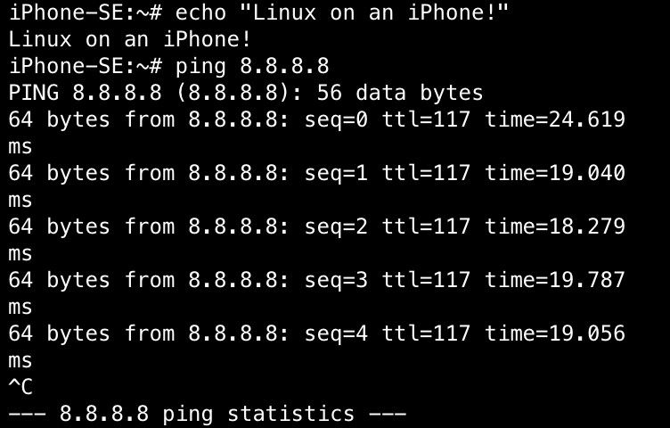 Скриншот: выполнение Linux команд в iSH