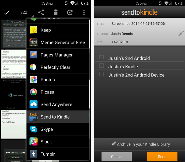 Меню Share в Android, опция Send to Kindle выделена
