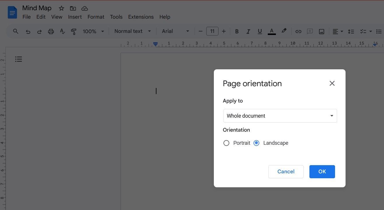 Setting Page Orientation for Mind Map on Google Docs