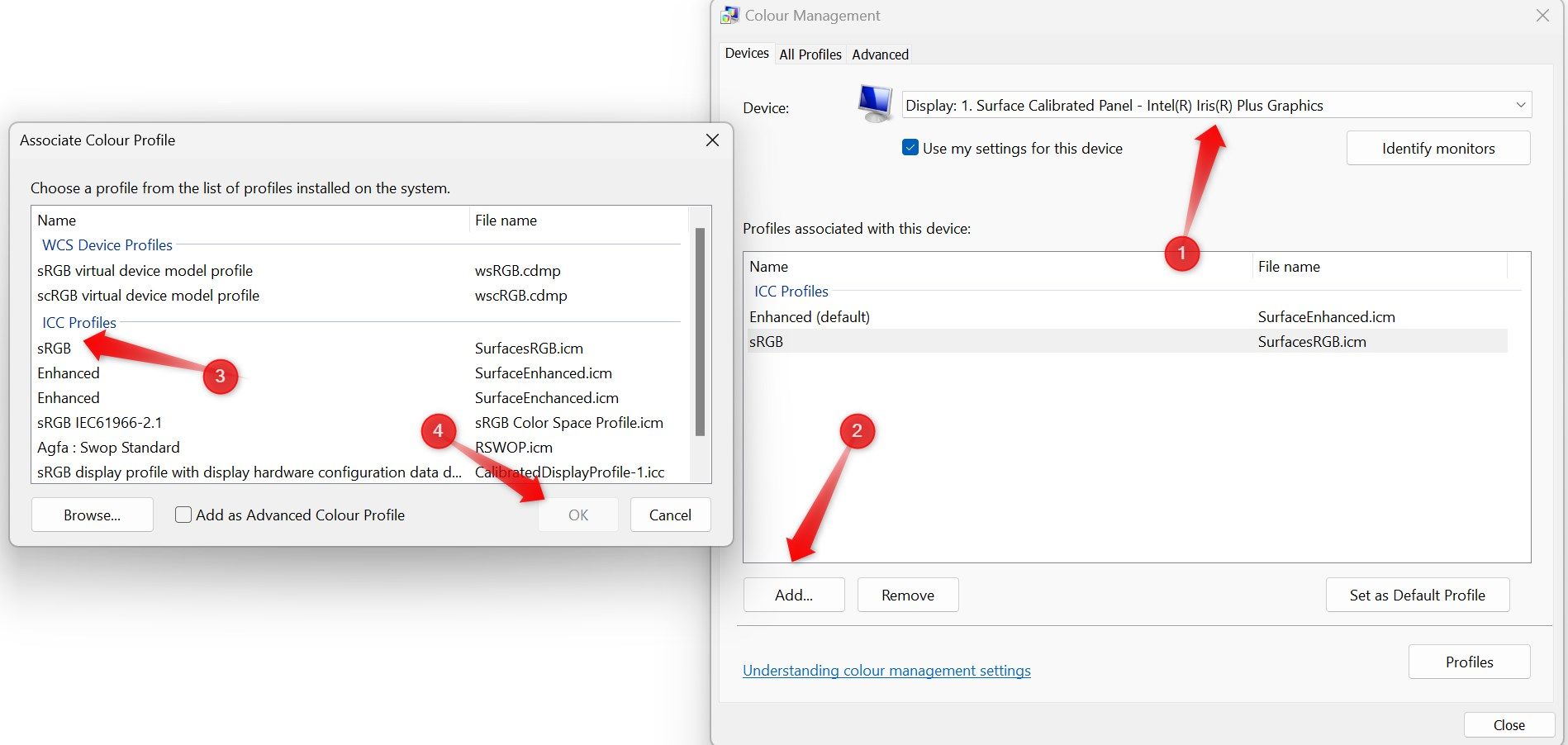 Добавление нового цветового профиля в средствах управления цветом Windows.