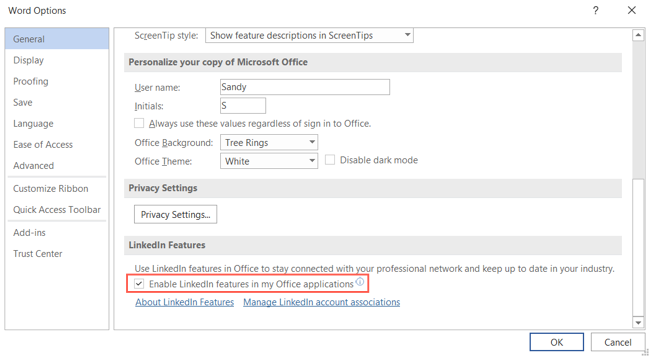 Включите функции LinkedIn в Word