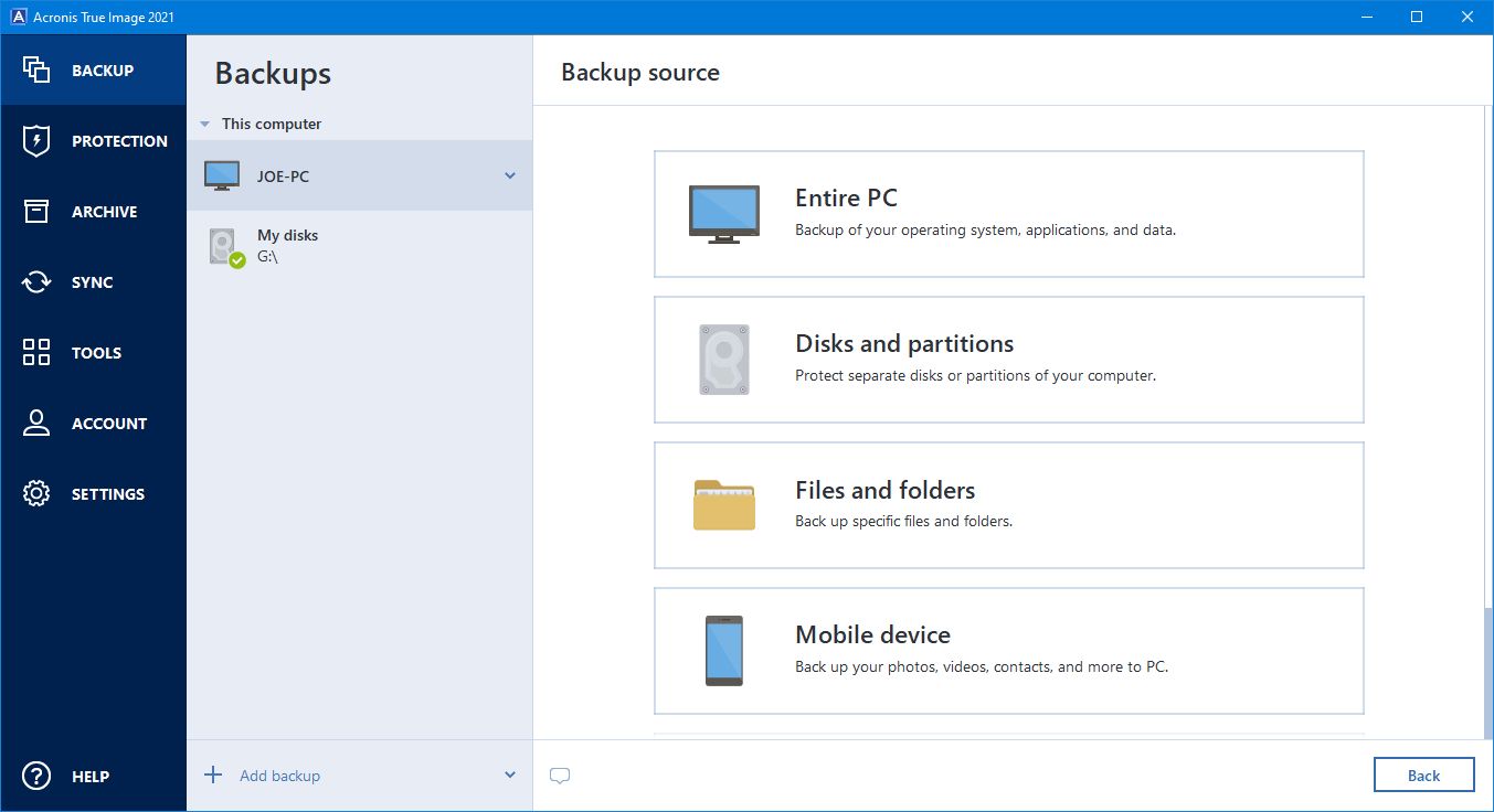 Источник резервного копирования в Acronis