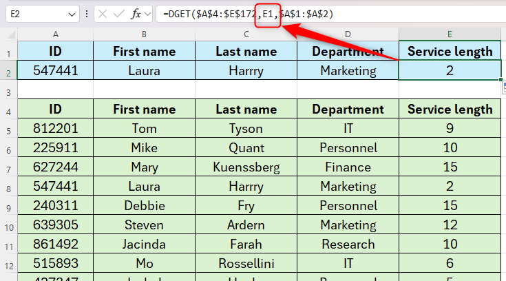 Лист Excel: адаптивная формула DGET, где E2 использует заголовок из E1 для возврата соответствующего поля.