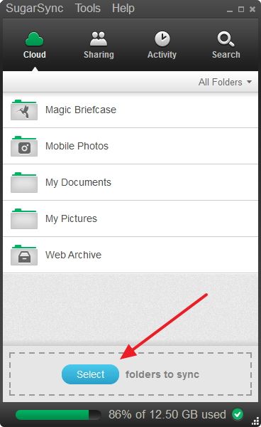 Перетаскивание папки в интерфейс SugarSync