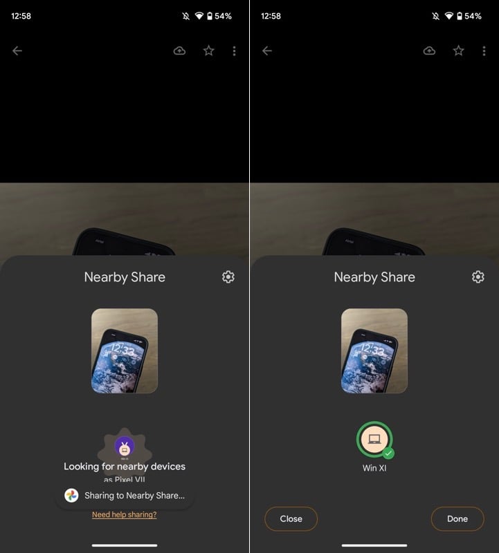 Выбор компьютера Windows в списке Nearby Share