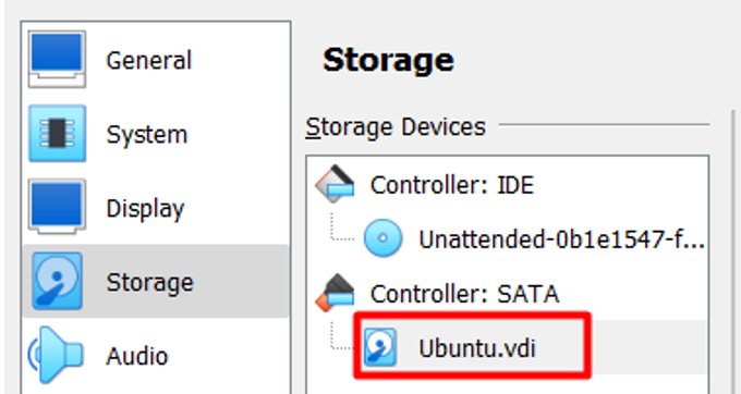 Выбор VDI диска Ubuntu в настройках SATA виртуальной машины